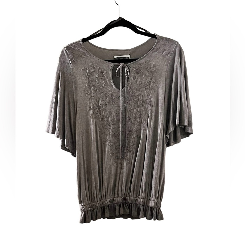 Knox Rose Keyhole Embroidered Grey Short Sleeve Blouse